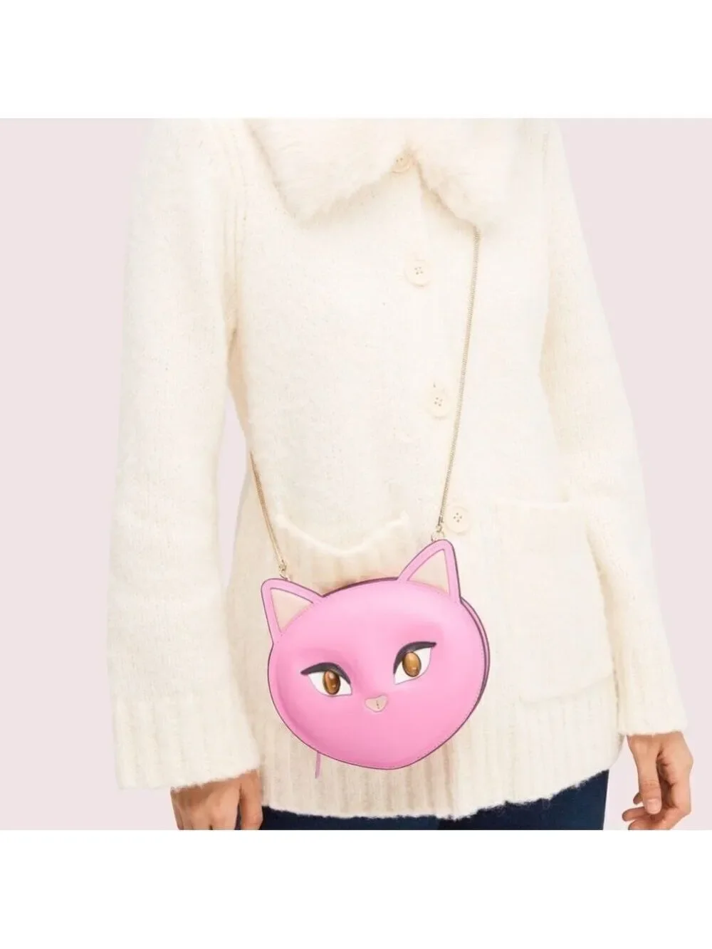 KATE SPADE PINK CAT CROSSBODY BAG MEOW NOVELTY PURSE LEATHER GOLD CHAIN